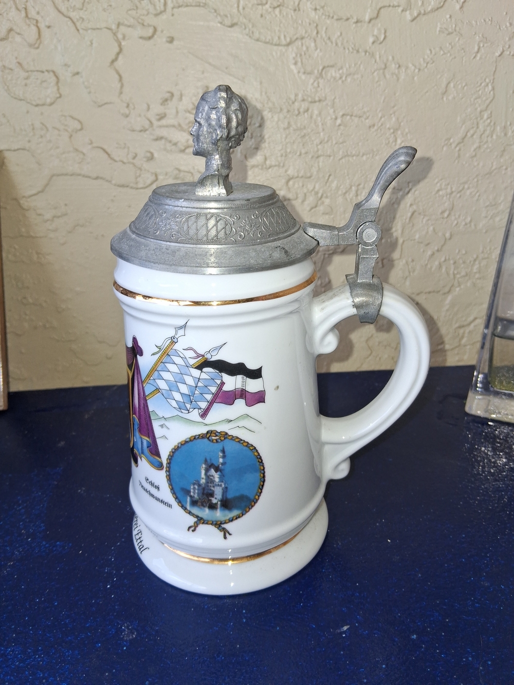Ceramic German Beer Stein with Pewter Lid - White and Silver